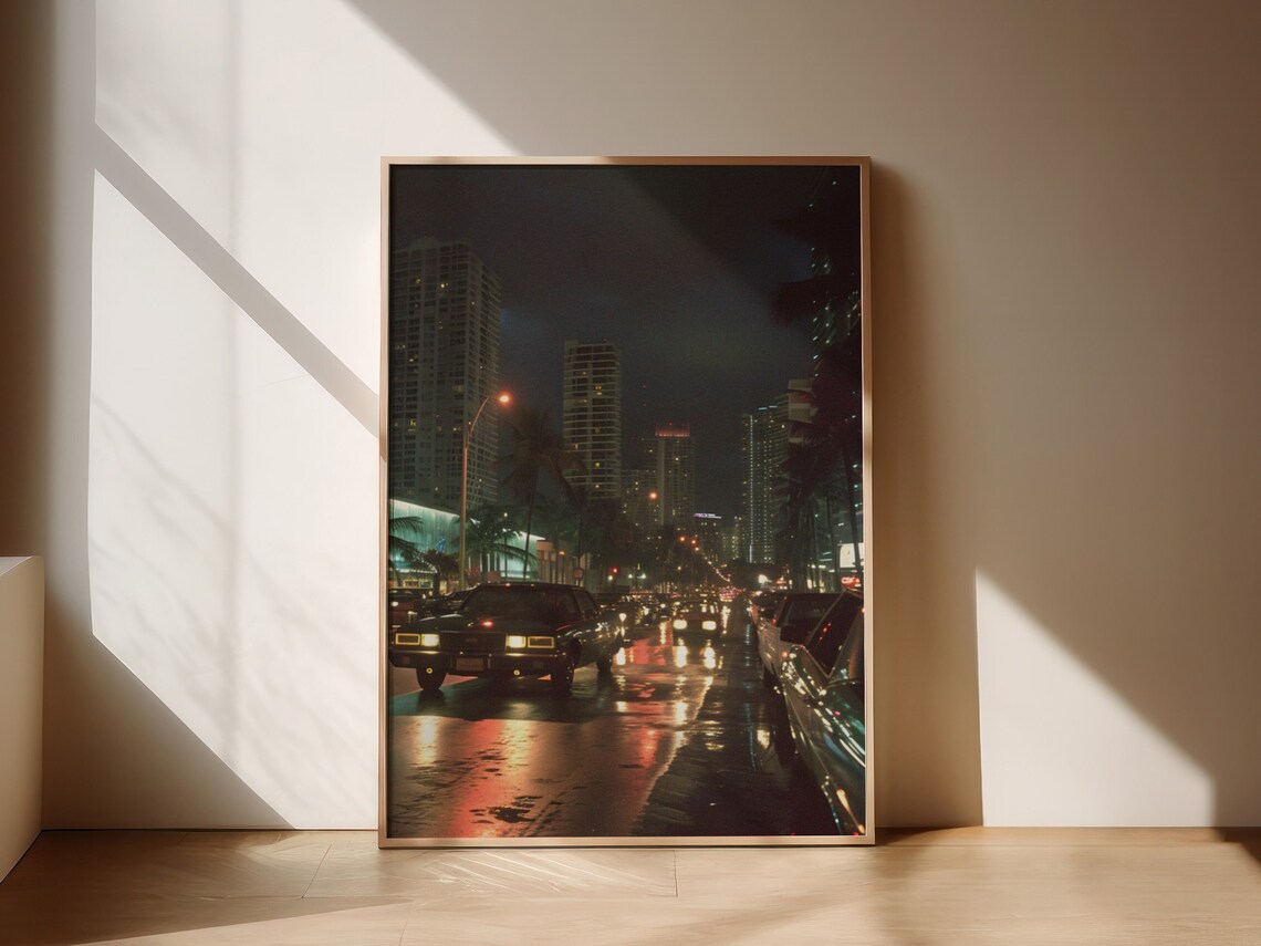 Miami Night Street Neon City Lights Classic Cars Photo Poster