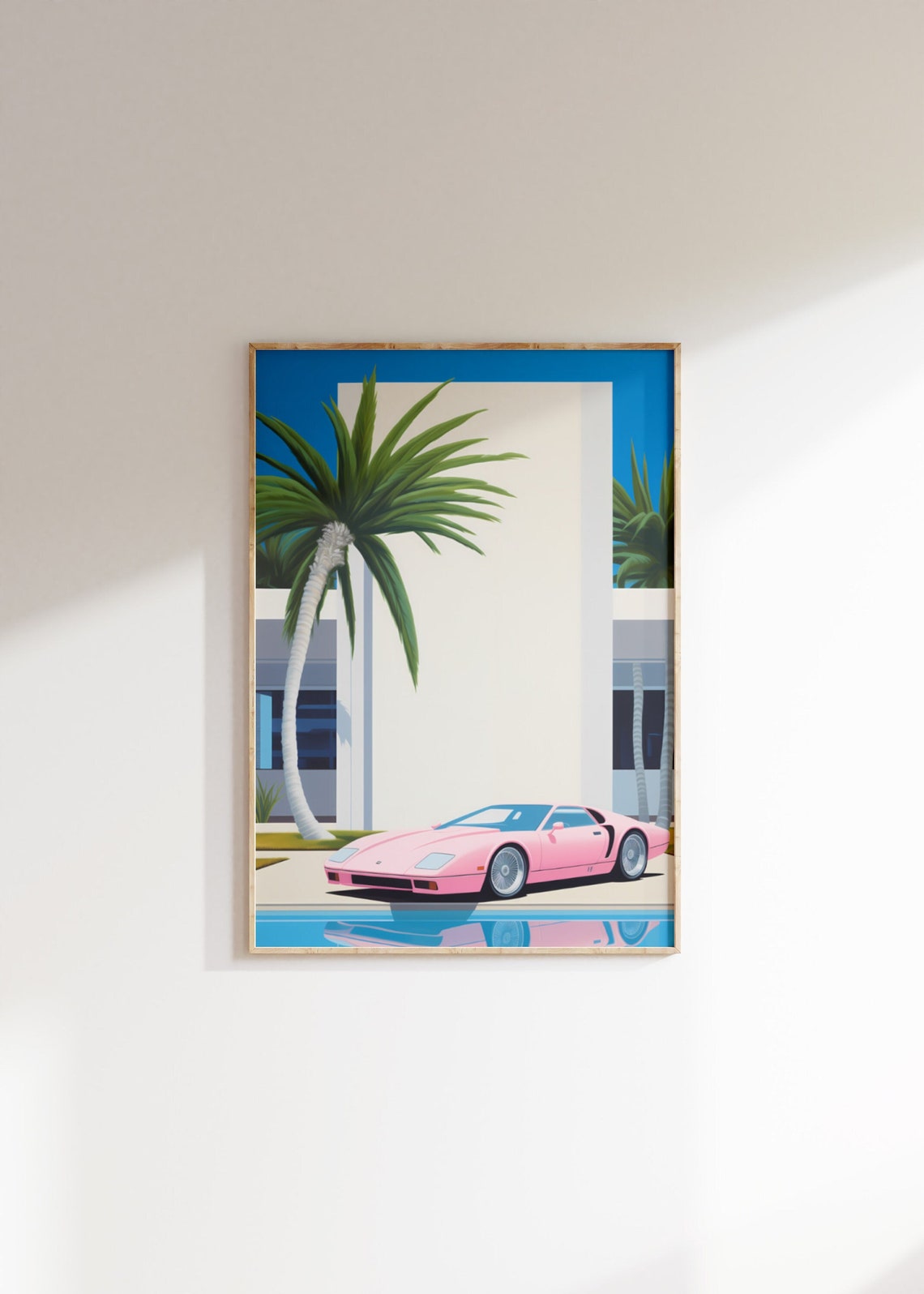 Retro Pink Sports Car Poolside Palm Tree City Pop Art Poster