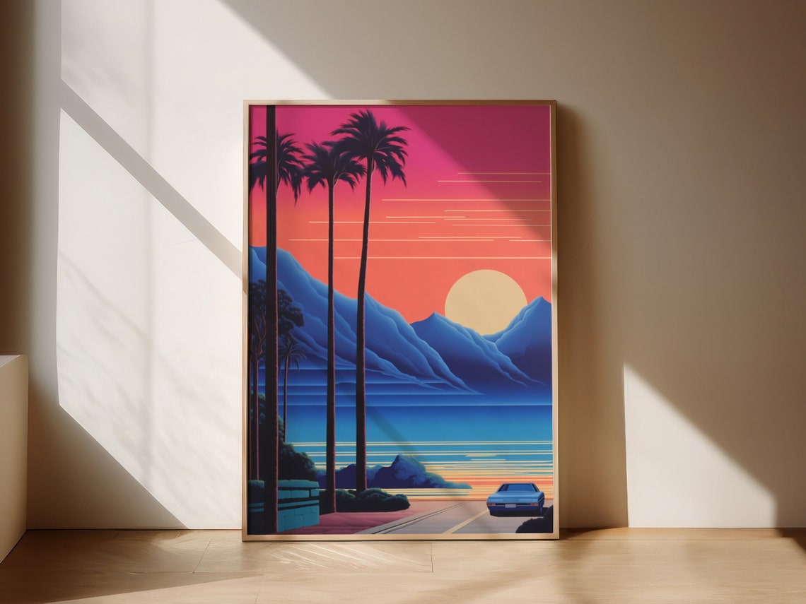 Retro Sunset Coastal Road Palm Trees Mountain City Pop Poster