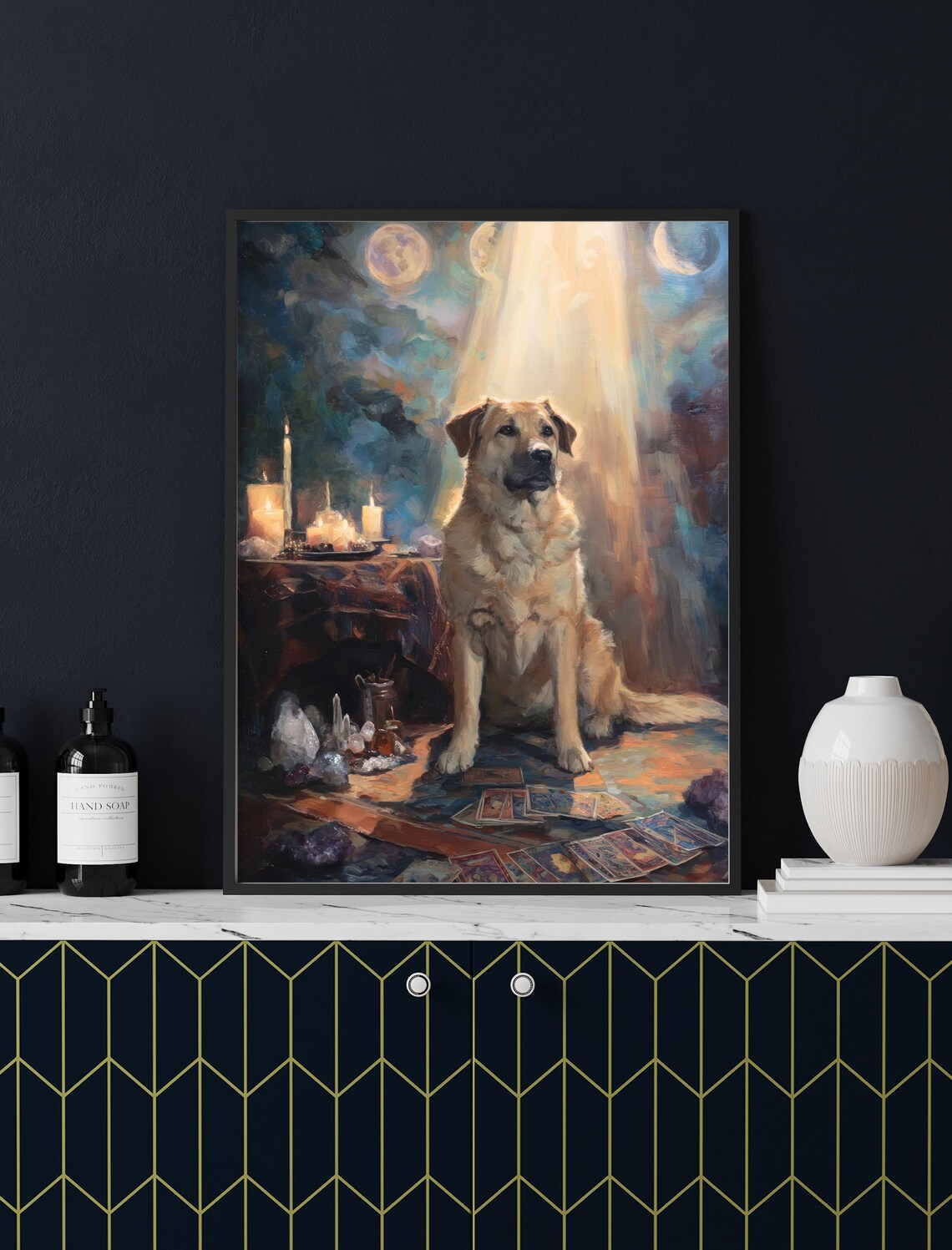 Mystical Dog Tarot Reader Moon Phases Oracle Oil Painting Poster