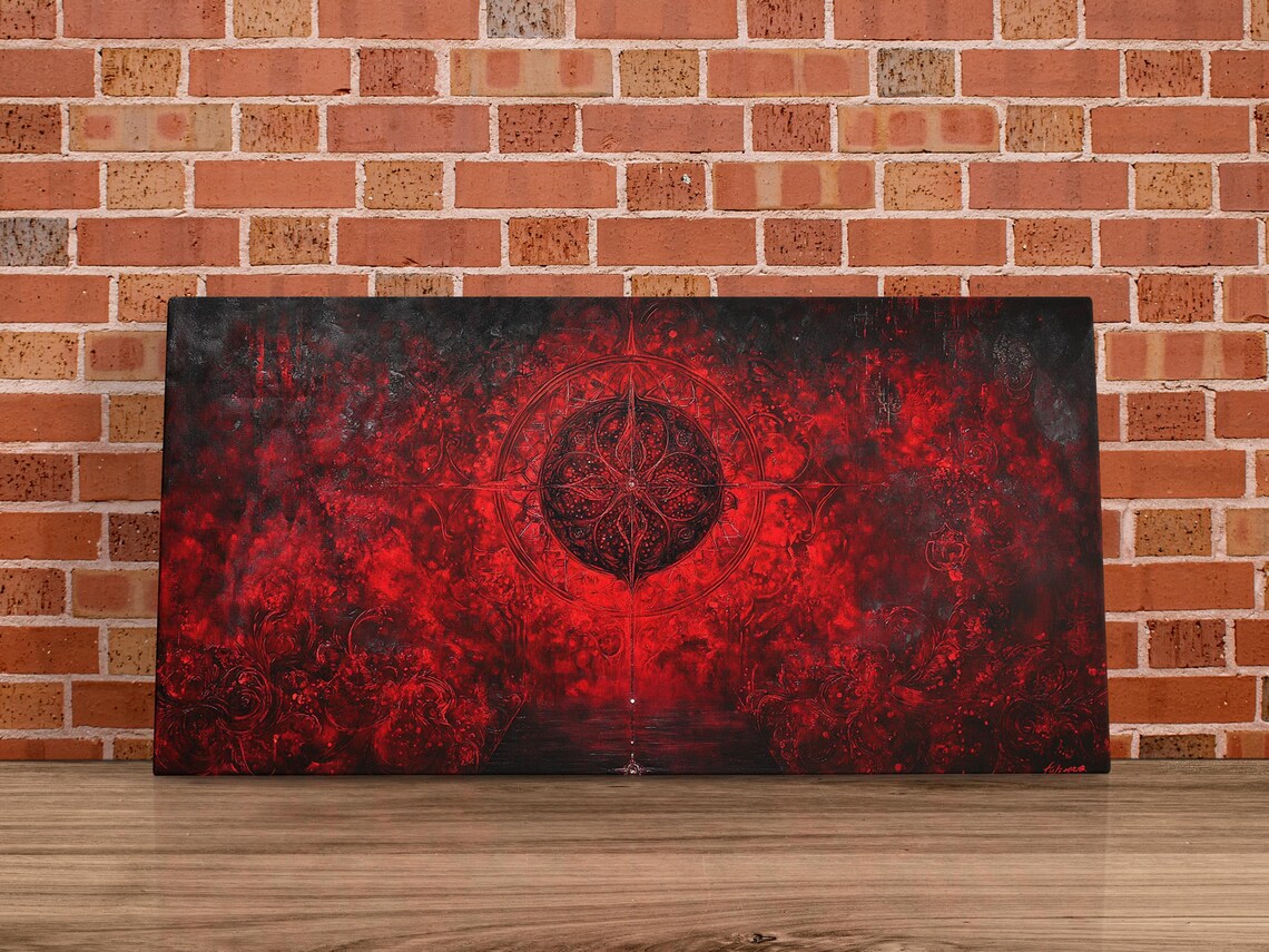 Fiery Red Abstract Ornamental Mandala Symbol Dark Art Poster - Image 4