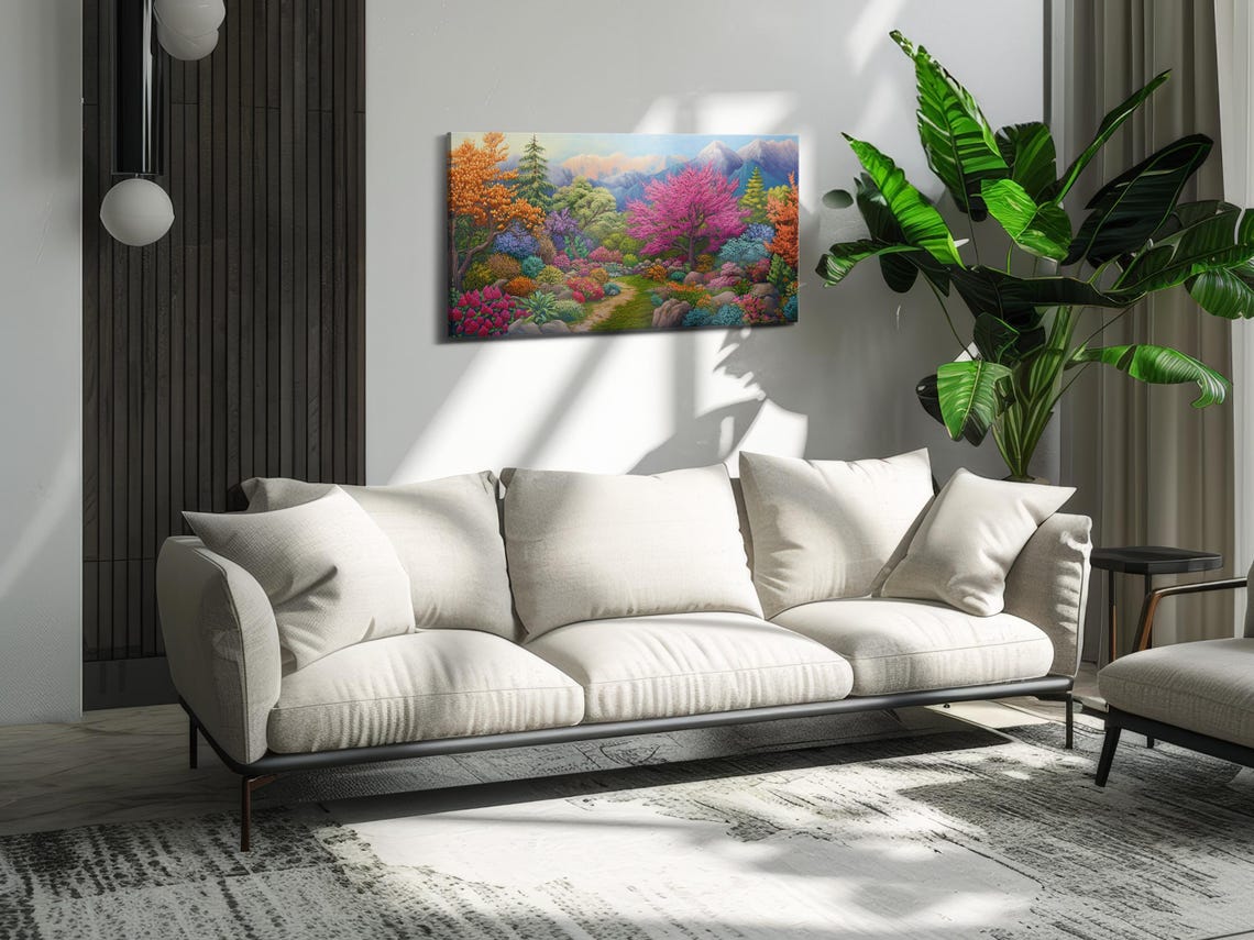 Spring Garden Blossom Path Mountain Landscape Colorful Art Poster - Image 3
