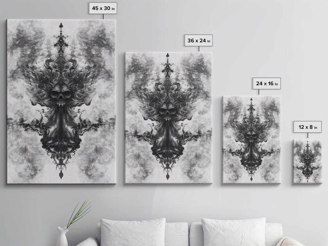 Black Ink Skull Smoke Symmetrical Gothic Dark Abstract Art Poster - Image 3