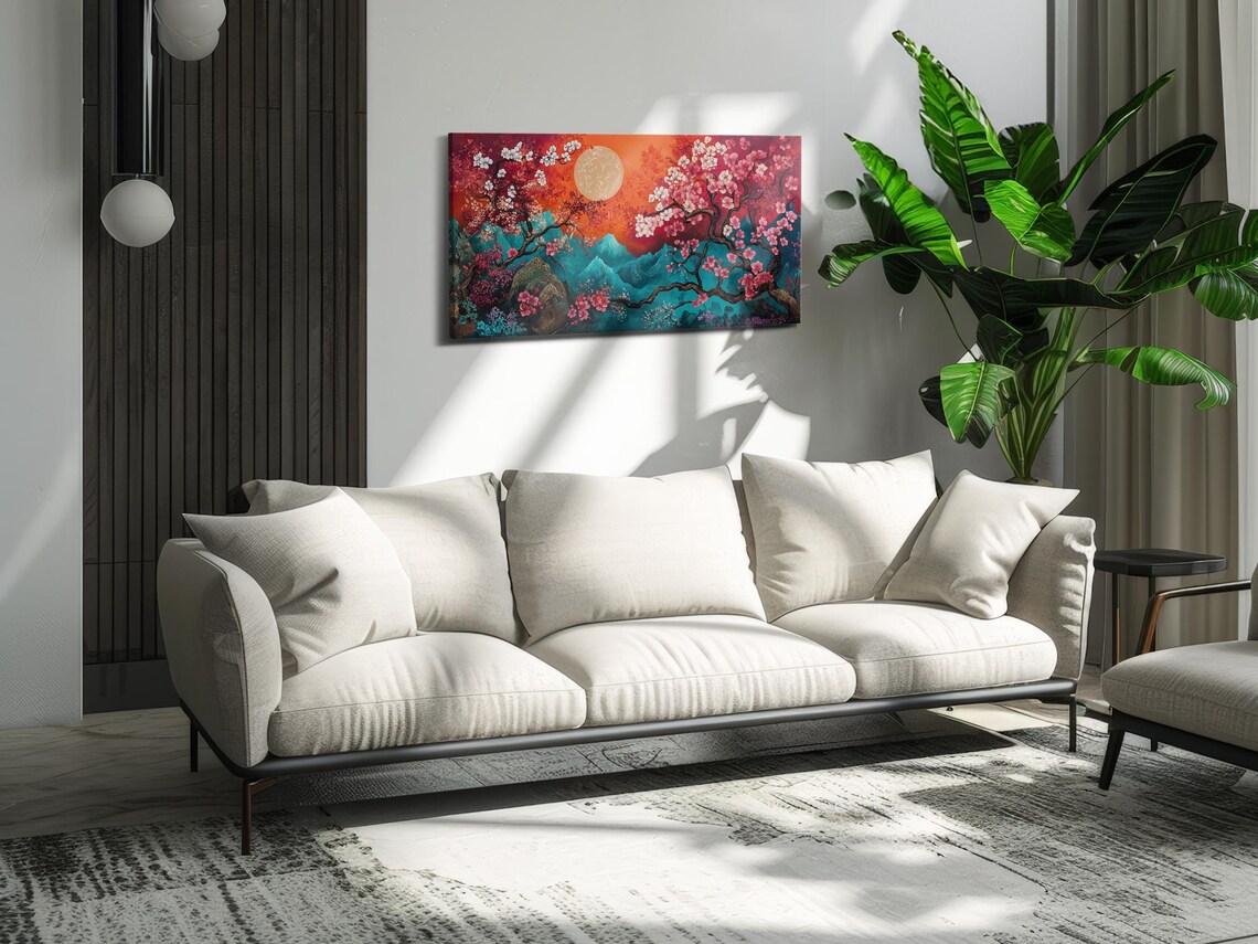 Cherry Blossom Moon Mountain Fantasy Landscape Colorful Floral Art Poster - Image 3