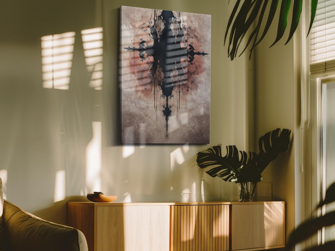 Dark Abstract Symmetric Inkblot Rust Red Wash Moody Wall Art Poster - Image 4