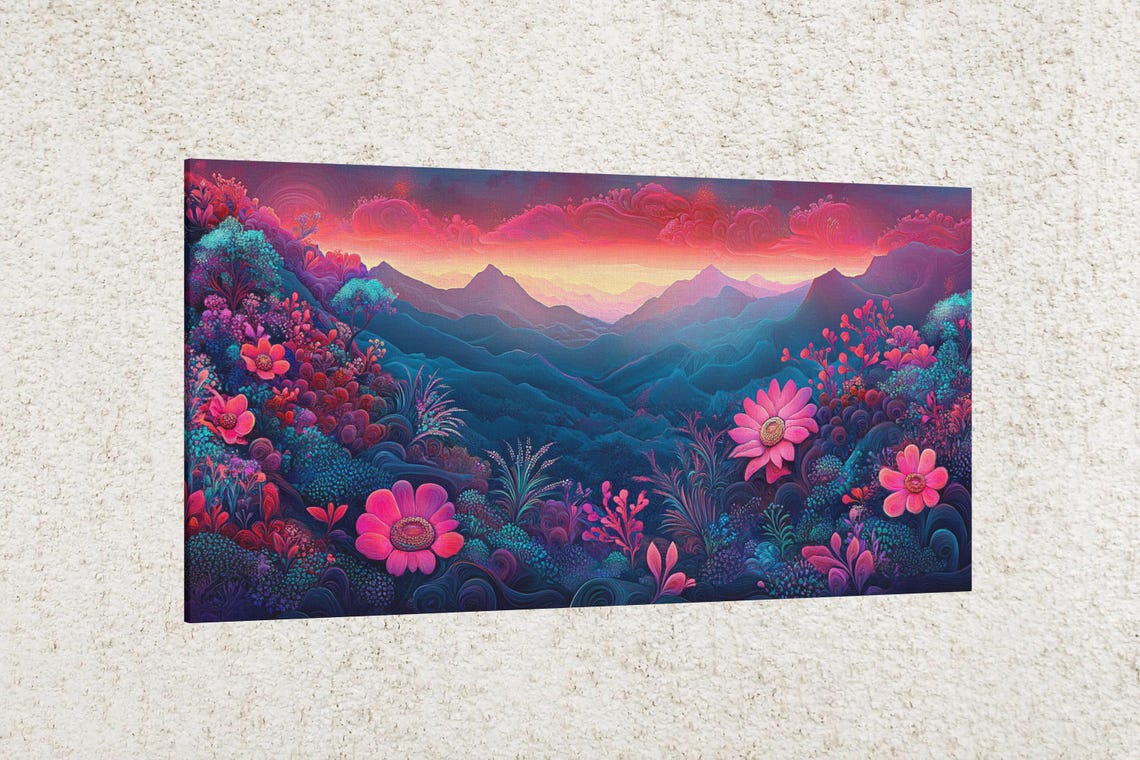 Pink Twilight Blooms Fantasy Valley Mountain Landscape Art Poster - Image 2