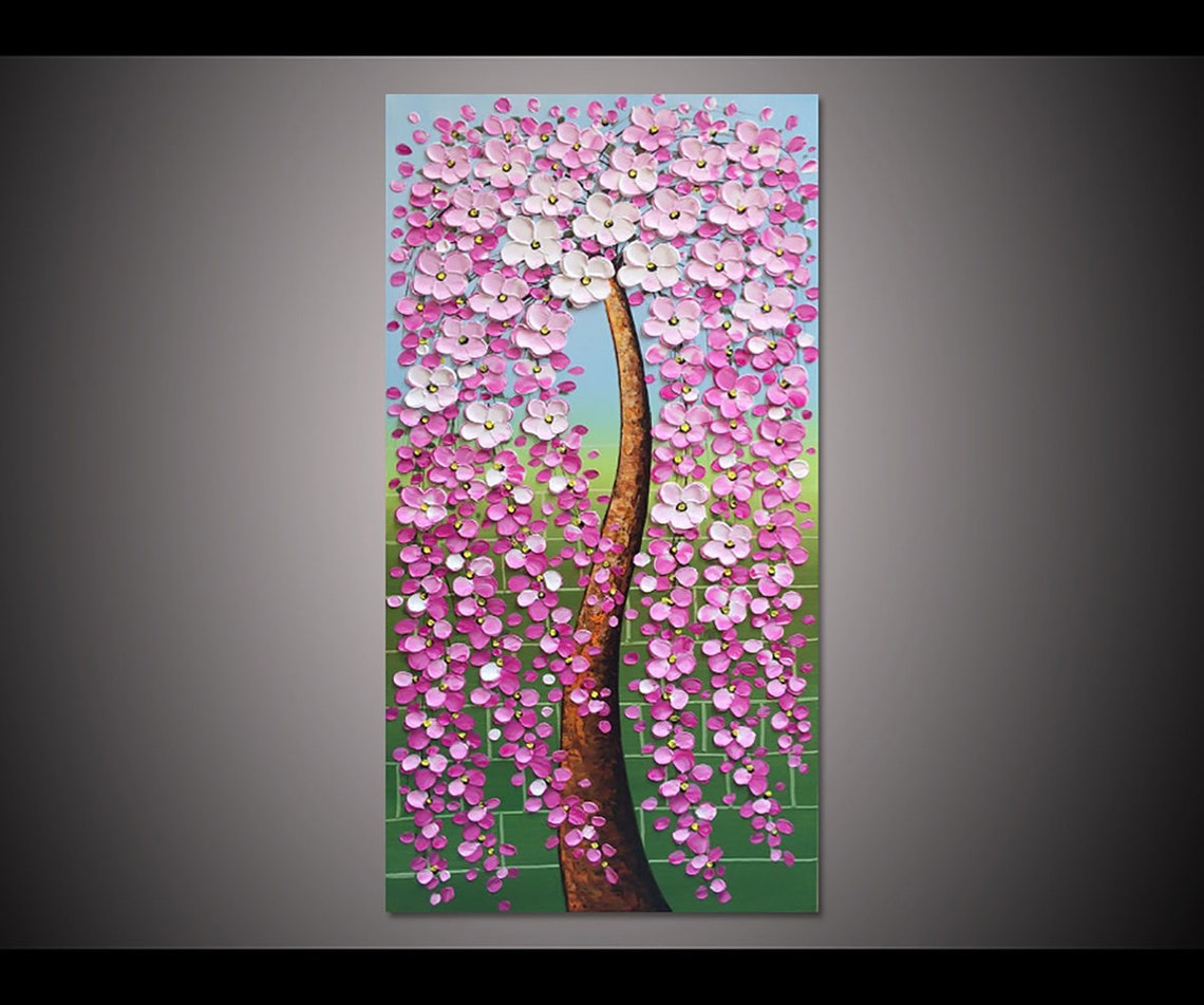 Weeping Pink White Cherry Blossom Tree Green Blue Oil Poster