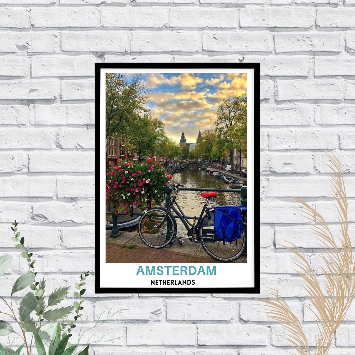 Amsterdam Netherlands Canal Bicycle Flowers Sunset Travel Poster