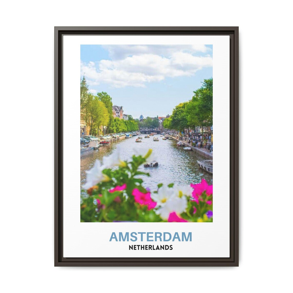 Amsterdam Canal Boats Flowers Bridge Netherlands City Poster