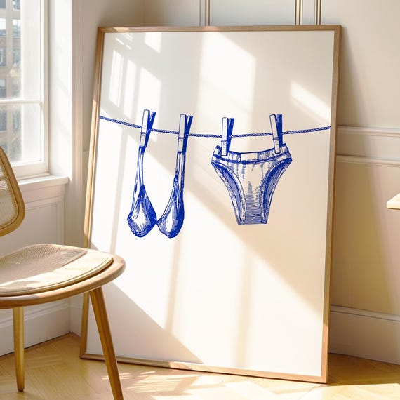 Funny Laundry Art Minimalist Utility Room Poster Clothesline Print Blue White Wall