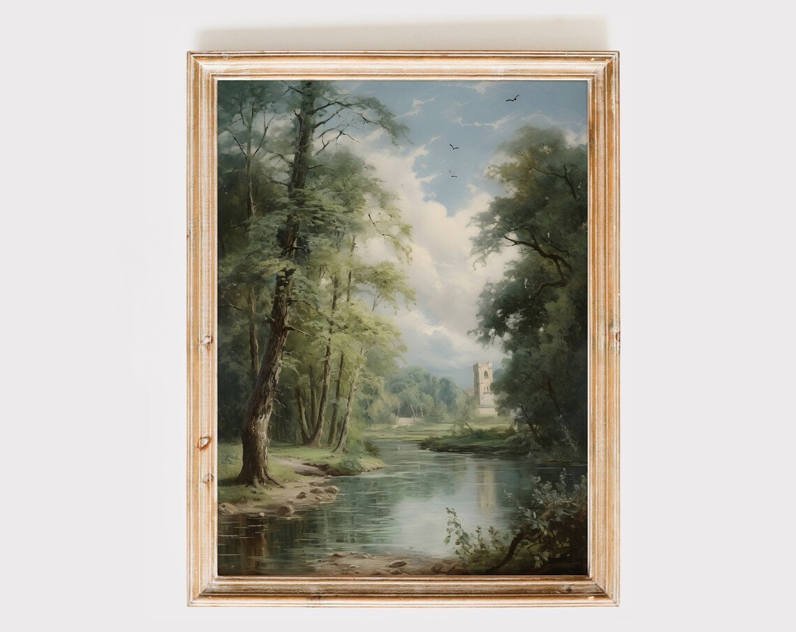 River Through Forest with Distant Church Vintage Landscape Poster