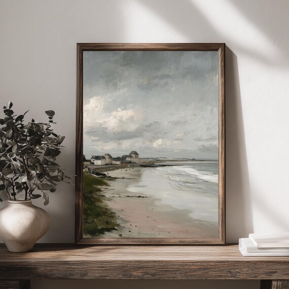 Tranquil Vintage Coastal Town Painting Soft Muted Seaside Wall Art