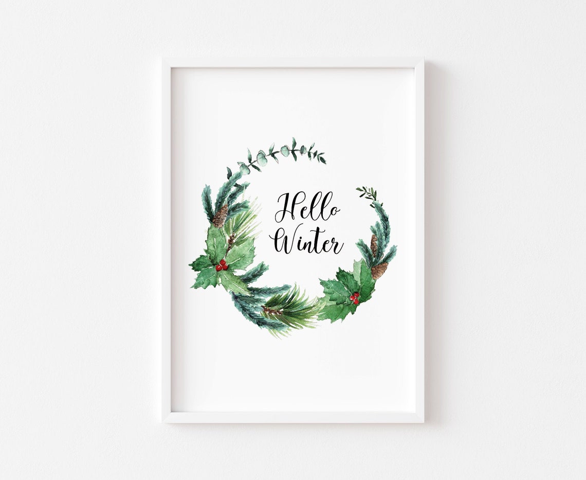 Hello Winter Christmas Wreath Art Print