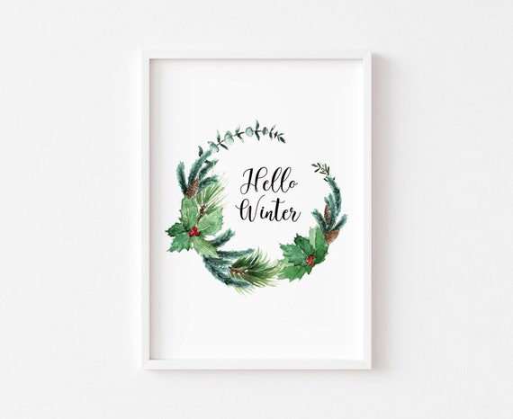 Hello Winter Christmas Wreath Art Print