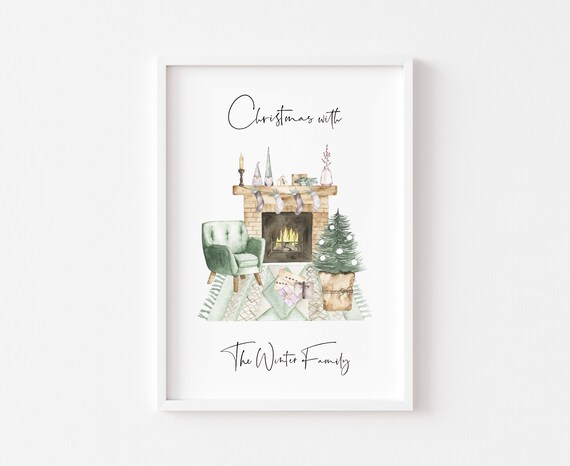 Personalized Christmas Family Name Fireplace Watercolor Poster