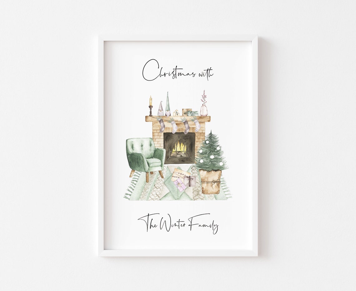Personalized Christmas Family Name Fireplace Watercolor Poster
