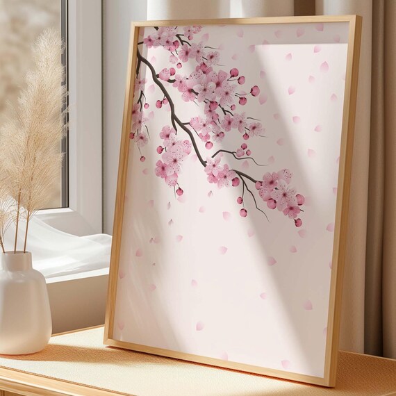 Pink Cherry Blossom Branch Minimalist Floral Art Print Spring Wall Decor
