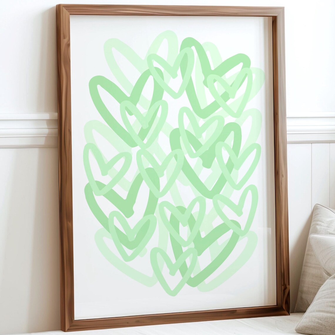Green Hearts Outline Art Print Trendy Girly Dorm Room Wall Decor