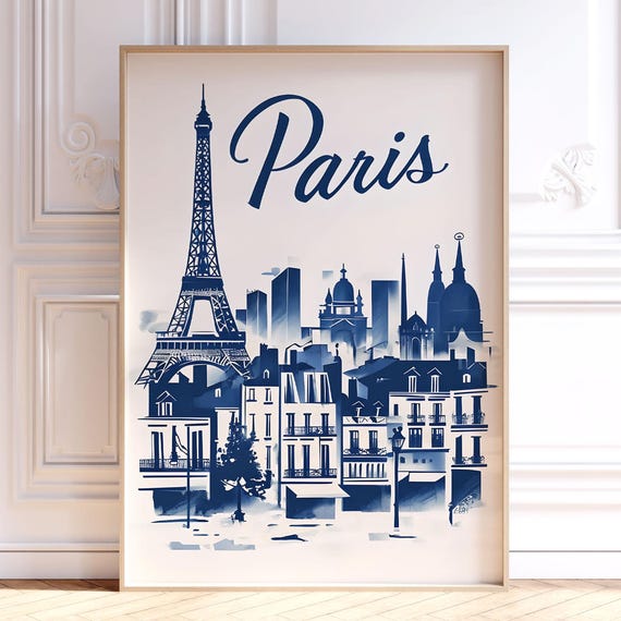 Paris France Navy Blue Retro Travel Print Eiffel Tower Skyline