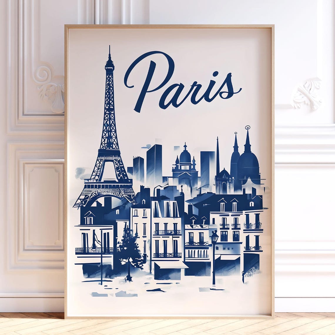 Paris France Navy Blue Retro Travel Print Eiffel Tower Skyline