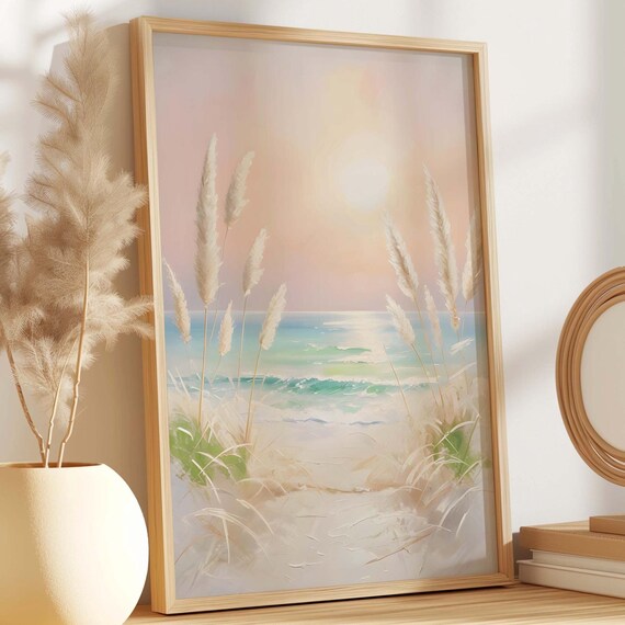 Dreamy Pastel Beach Pampas Grass Sunset Ocean Summer Coastal Wall Art