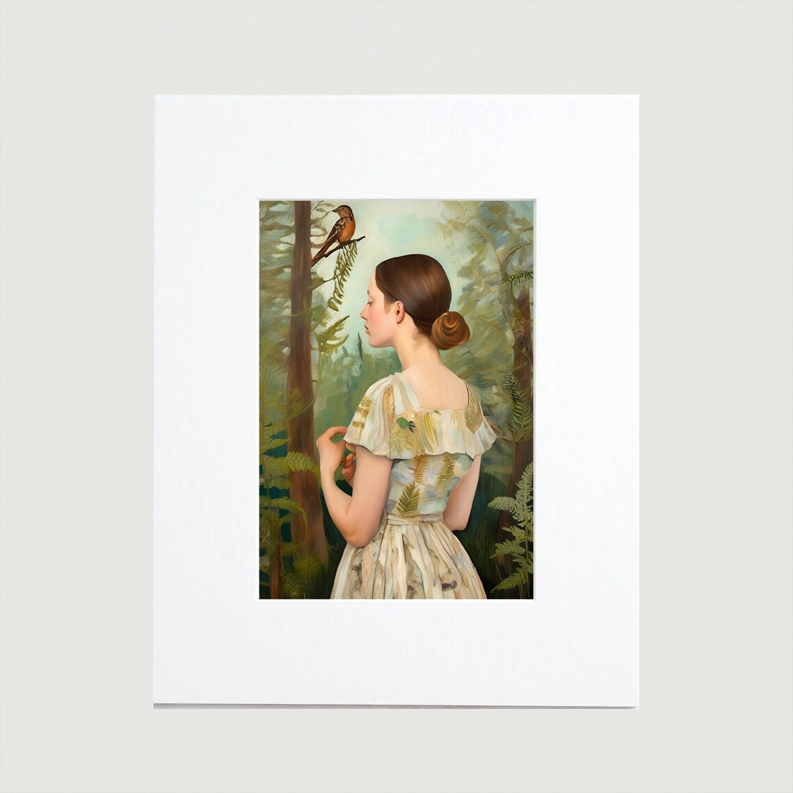 Woman In Forest Bird On Branch Botanical Fine Art Painting Poster - Image 2