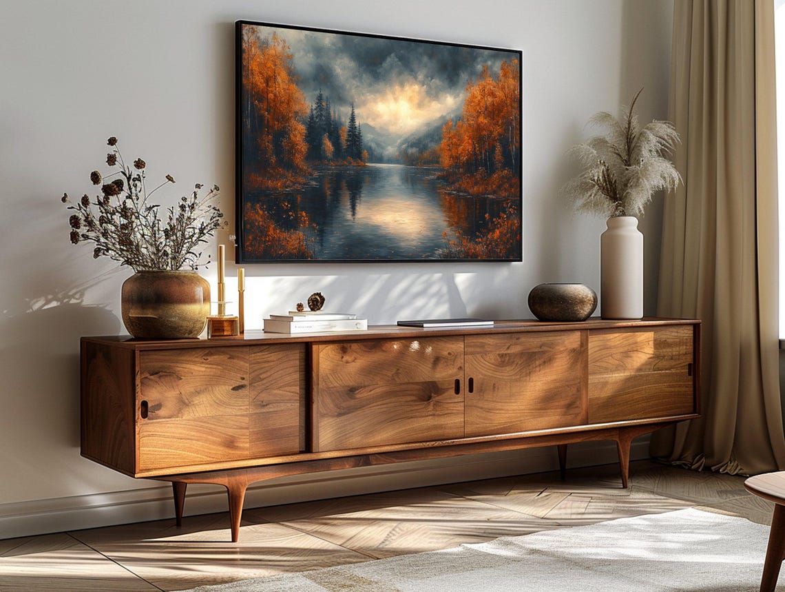 Autumn Lake Landscape Moody Fall Foliage Misty Mountain Sunset Poster - Image 3