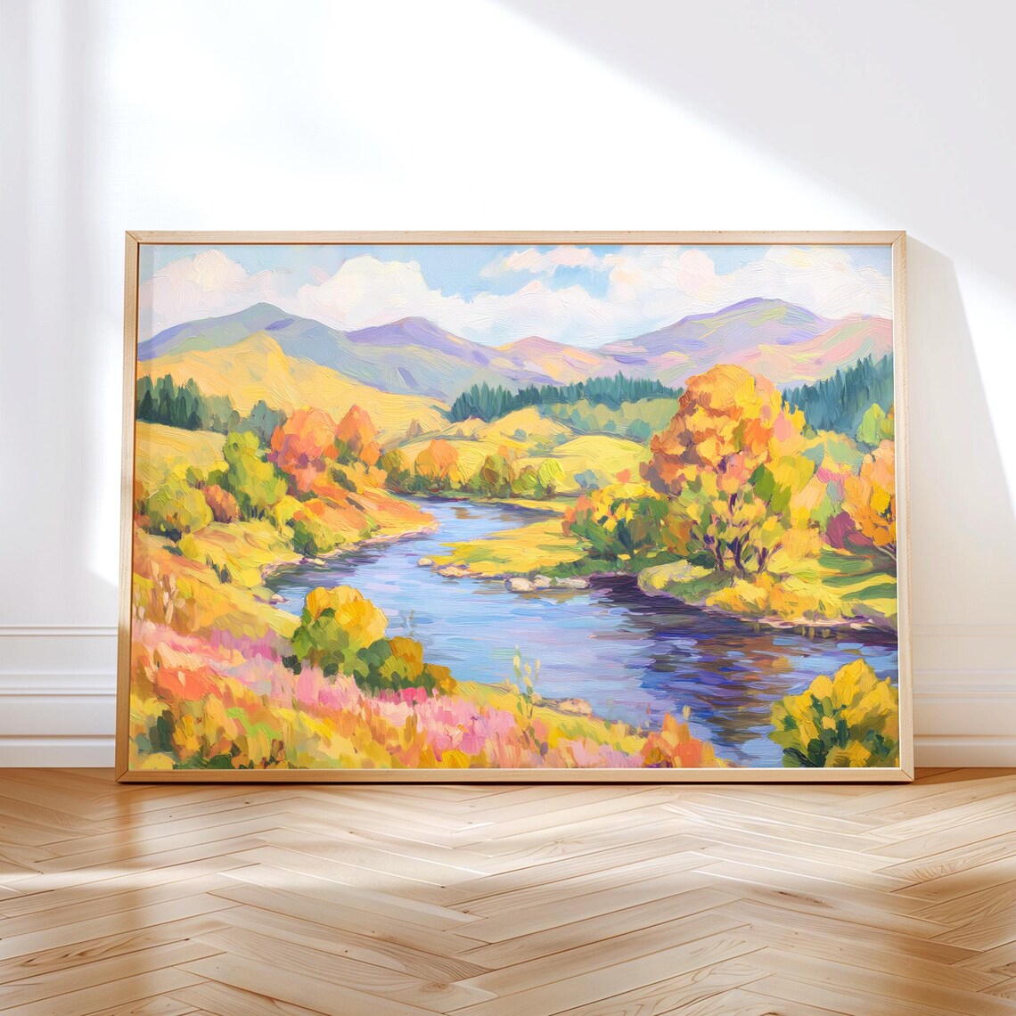 Fall River Landscape Painting Colorful Autumn Trees And Mountains Wall Art Print