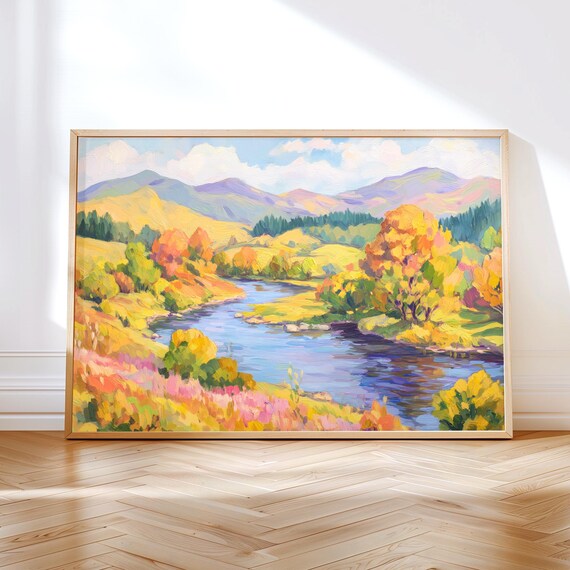 Fall River Landscape Painting Colorful Autumn Trees And Mountains Wall Art Print