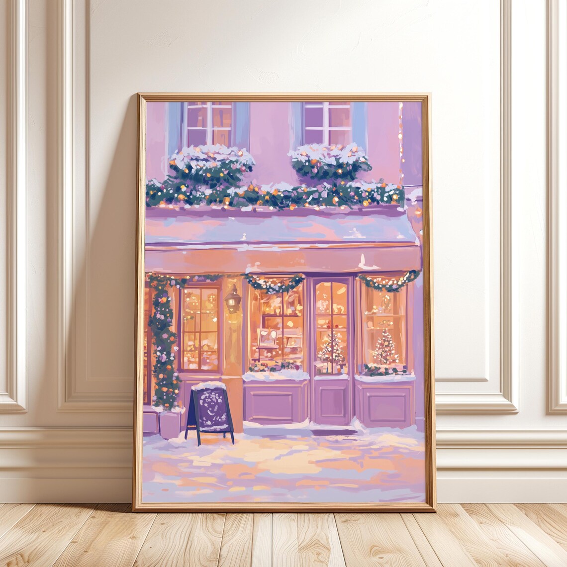 Snowy Shopfront Christmas Painting, Festive Winter