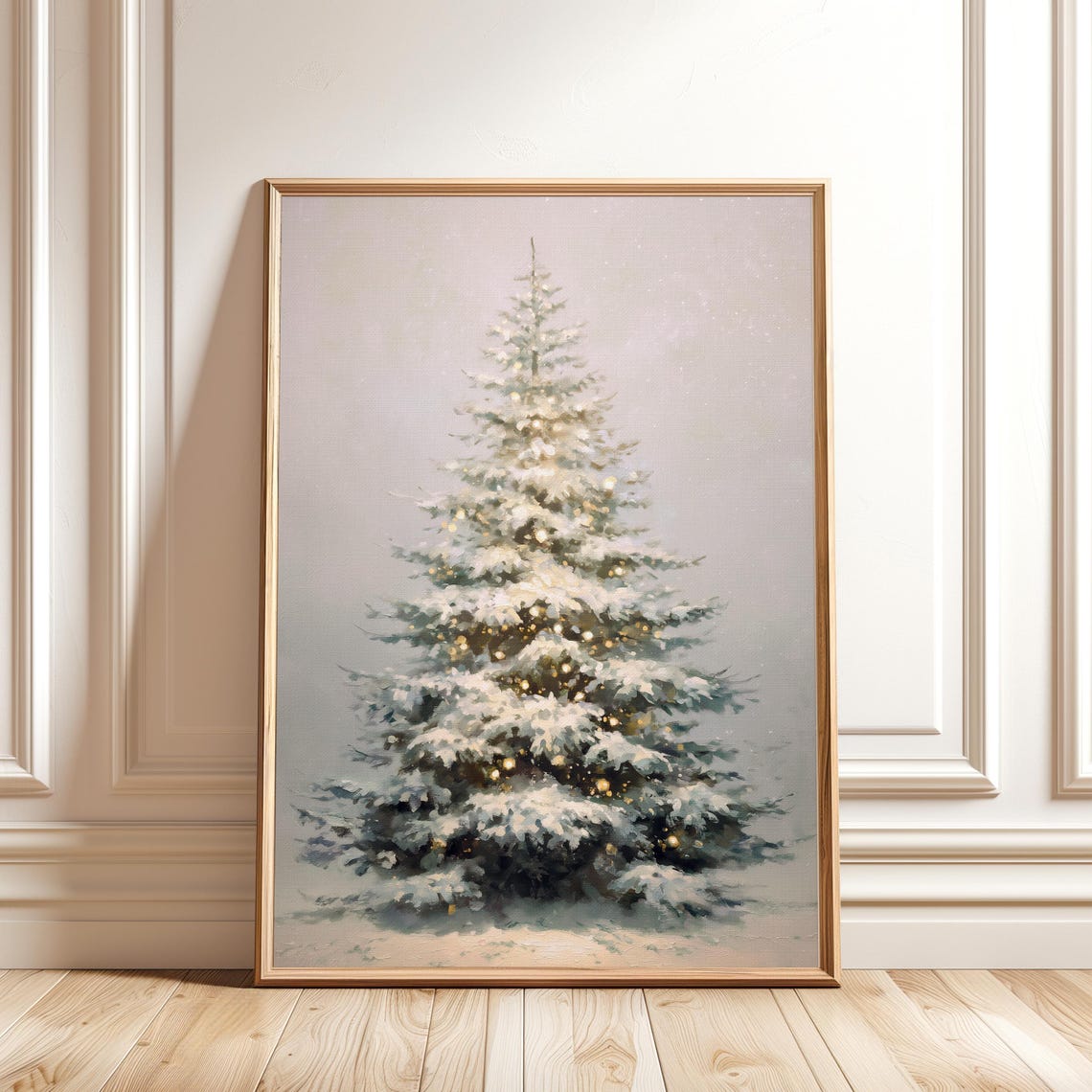 Snow Covered Christmas Tree Warm Lights Minimal Winter Art Poster