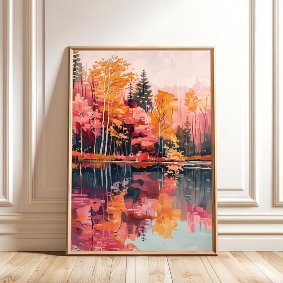 Colorful Autumn Forest Lake Painting, Landscape Art Print