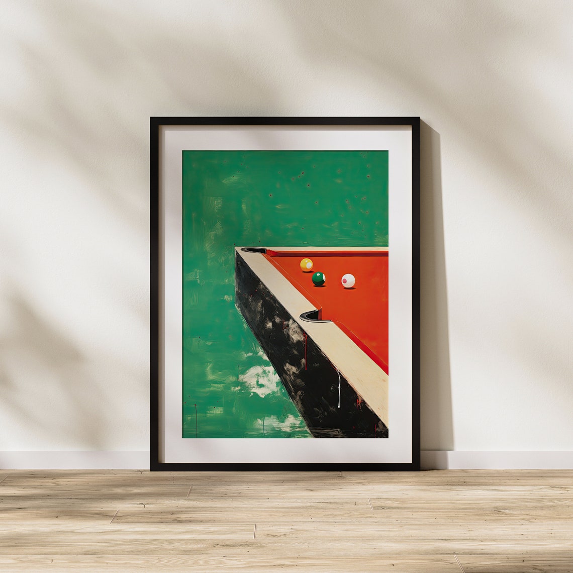 Pool Table Corner with Balls Bold Green and Orange Game Room Poster - Image 3