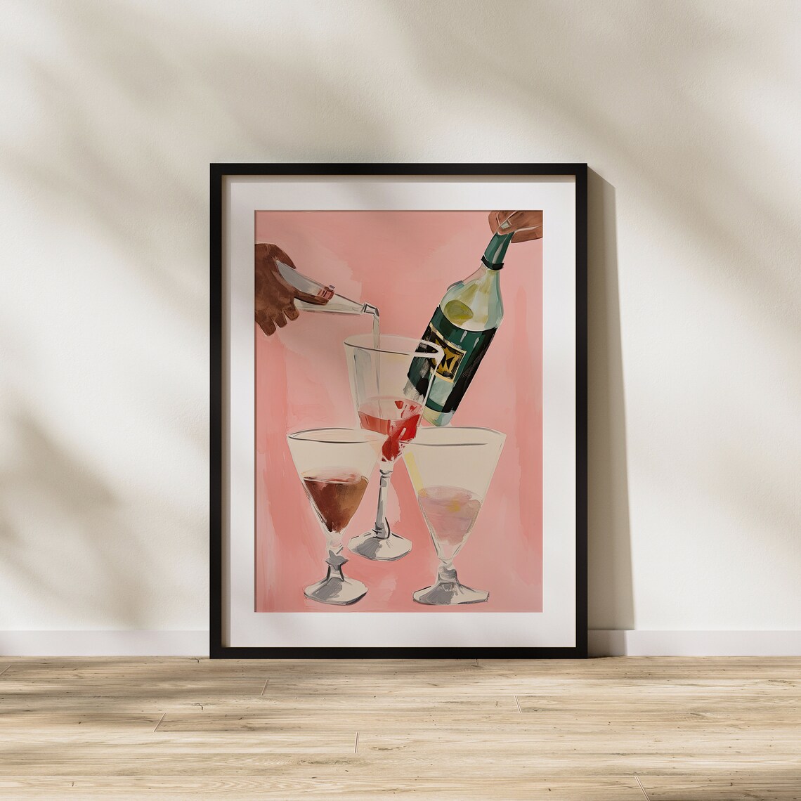 Fun Cocktail Party Hands Pouring Into Glasses On Pink Modern Art Poster - Image 2