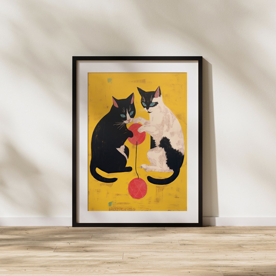 Two Playful Cats With Red Yarn Balls On Bold Mustard Yellow Art Poster - Image 2