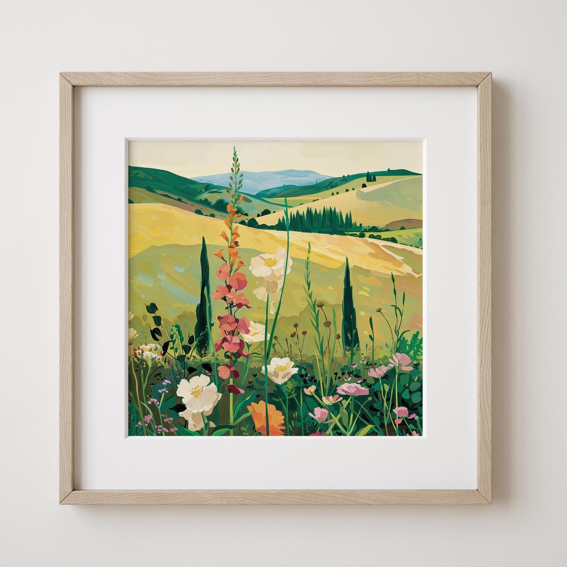 Tuscan Rolling Hills with Cypress Trees and Wildflowers Poster