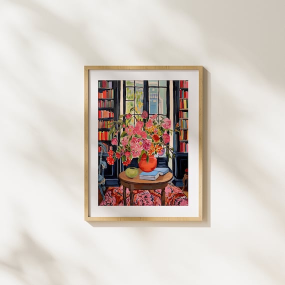Cozy Home Library with Pink Flowers and Tall Bookcase Poster