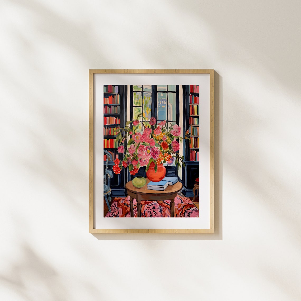 Cozy Home Library with Pink Flowers and Tall Bookcase Poster