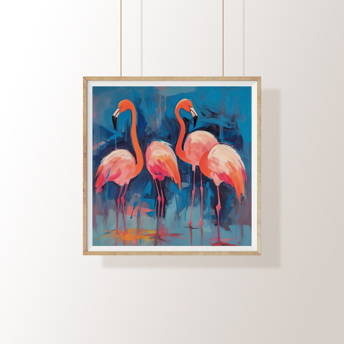 Three Pink Flamingos on Blue Water Painterly Tropical Bird Art Poster