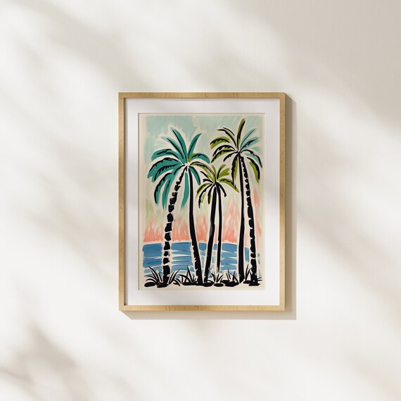Palm Trees Tropical Paradise Summer Art Wall Gouache Illustration Painting Unique