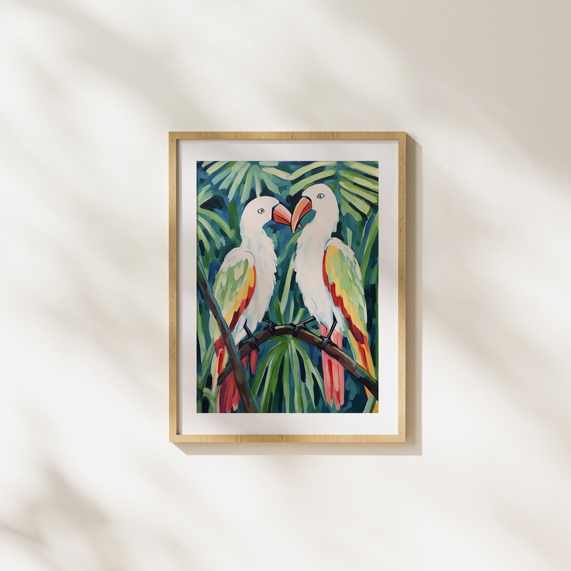 Pair of White Parrots Touching Beaks in Tropical Jungle Poster