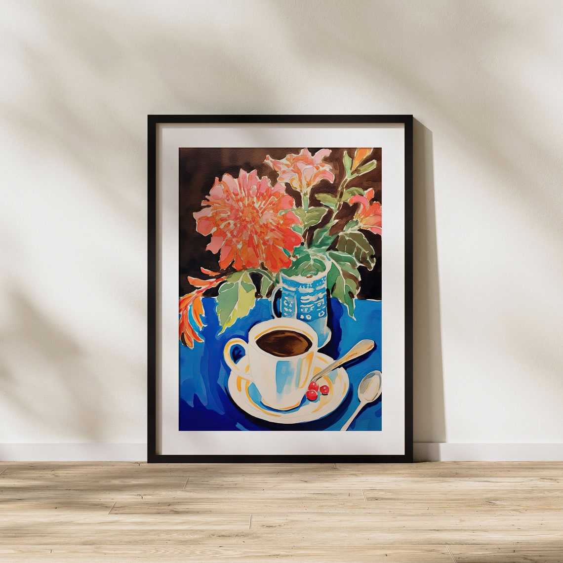 Morning Coffee Cup with Orange Dahlias on Cobalt Blue Table Poster - Image 2