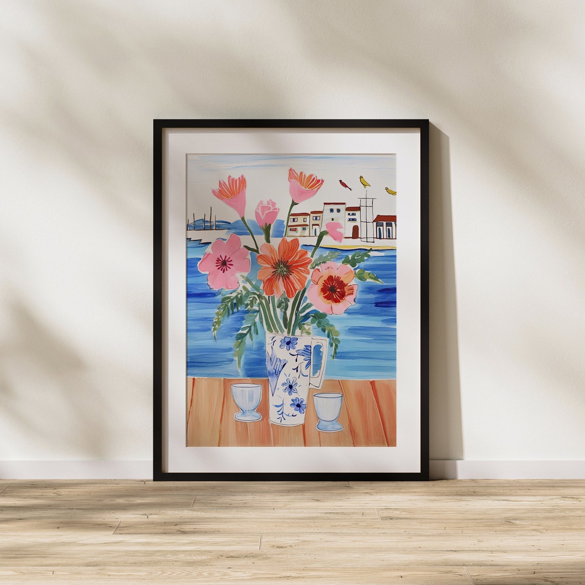 Coastal Flowers in Porcelain Jug Seaside Still Life Art Poster - Image 2