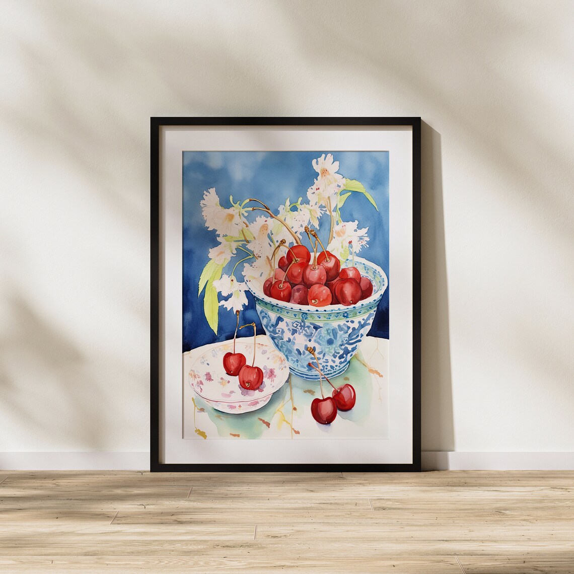 Cherry Blossom and Red Cherries in Blue Bowl Watercolor Poster - Image 2