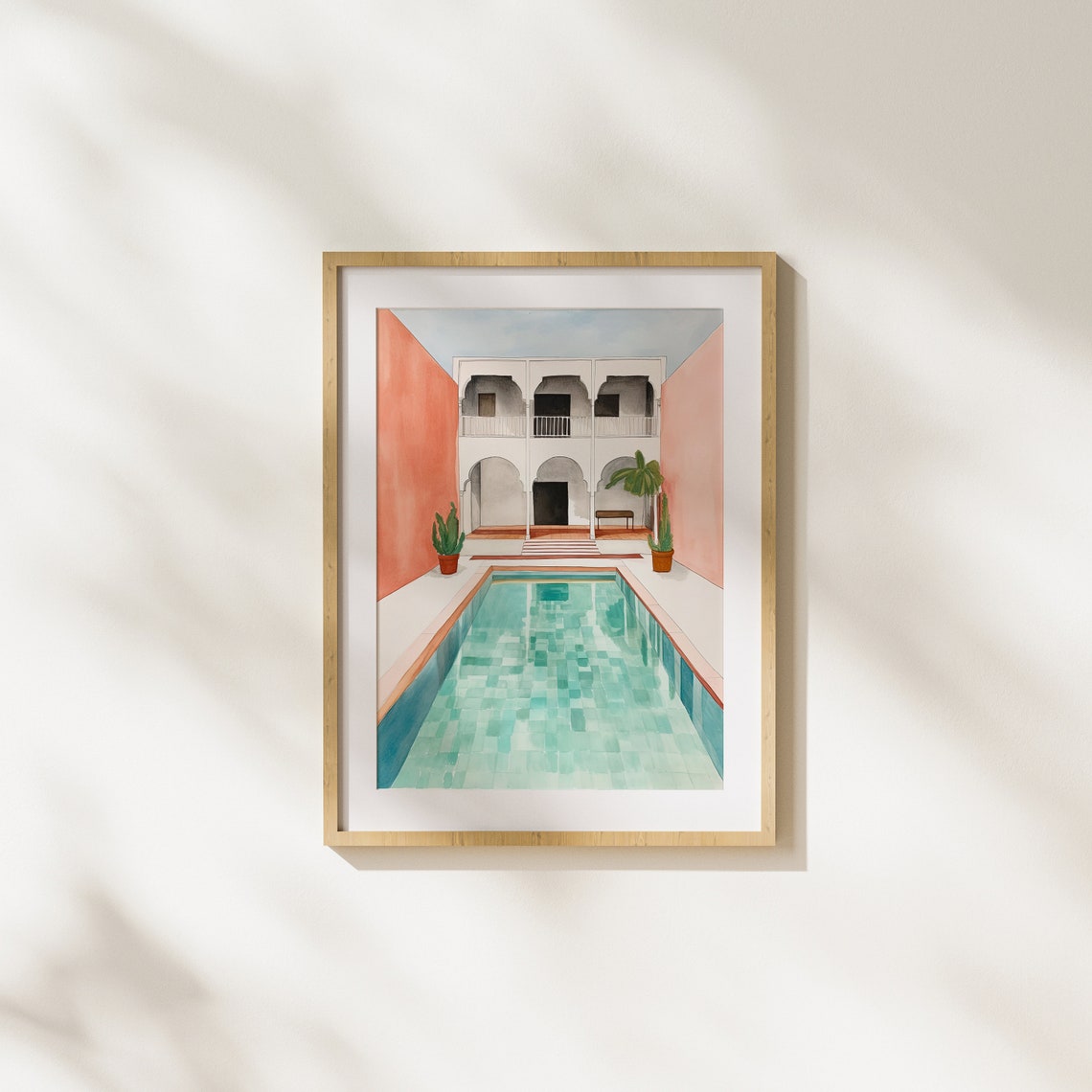 Turquoise Pool In Sunlit Mediterranean Courtyard Watercolor Art Poster