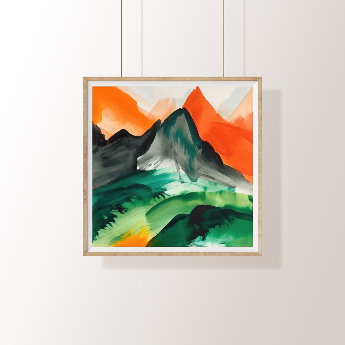 Fiery Orange Mountain Peaks Bold Abstract Watercolor Art Poster