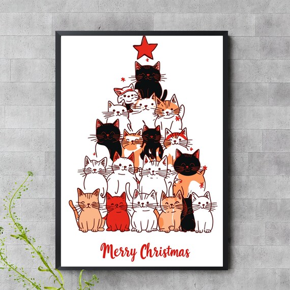 Merry Christmas Cat Tree Cute Holiday Poster for Cat Lovers Home Decor