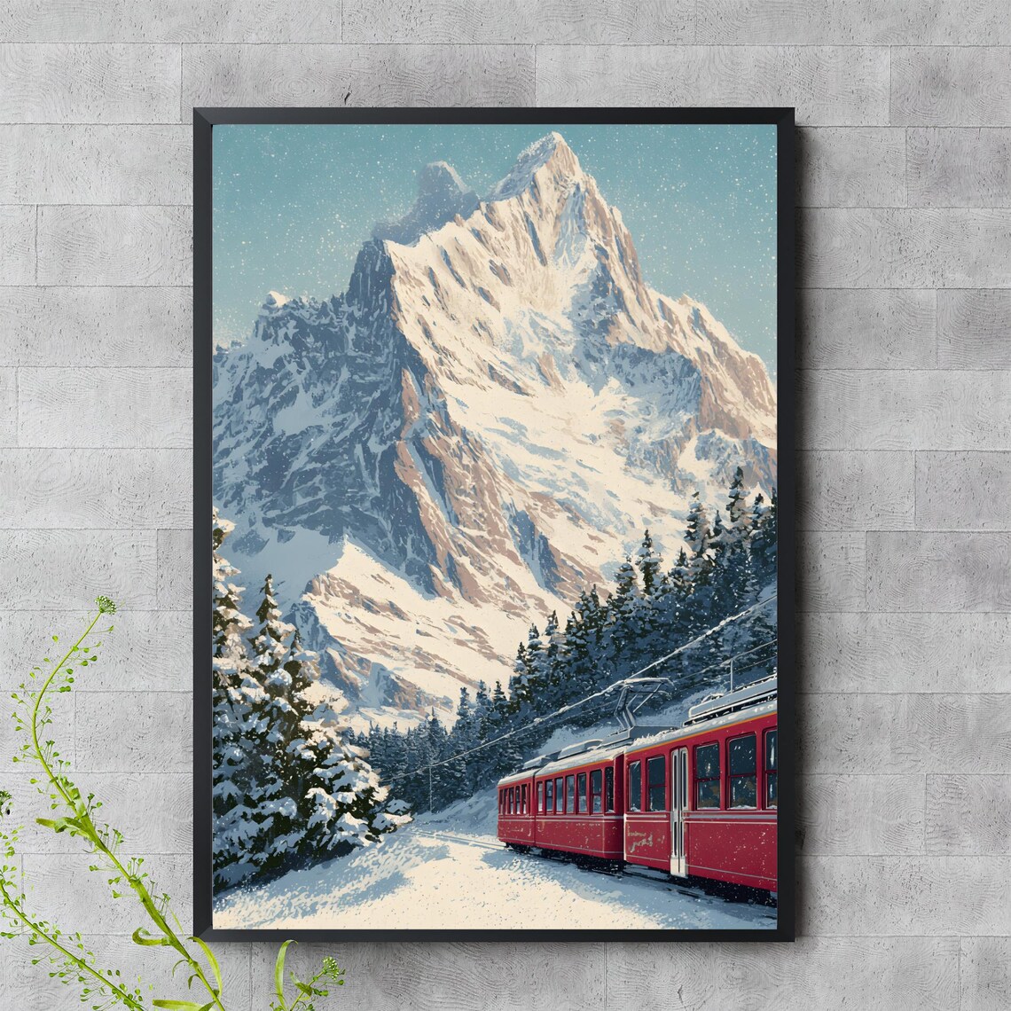 Red Winter Train Snowy Alpine Peaks Vintage Travel Scene Poster