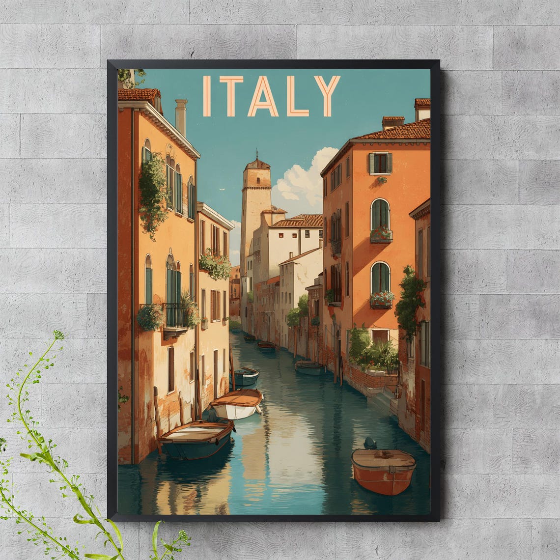 Italy Travel Poster Romantic Canal Orange Buildings Boats Scene