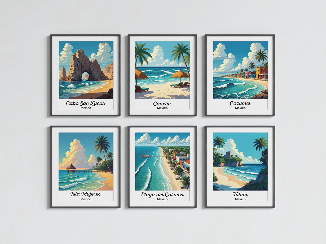 Mexico Beach Print Set Of 6, Vintage Travel Poster